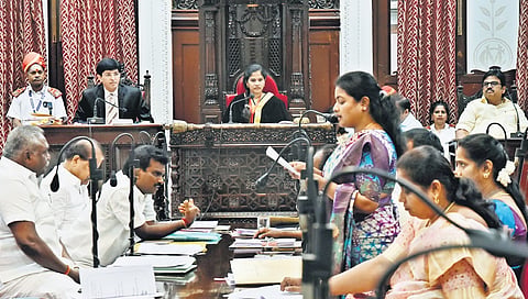 Chennai Corporation council meeting held at Ripon Building on Monday.