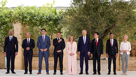 (L to R) European Council President Charles Michel, German Chancellor Olaf Scholz, Canada's Prime Minister Justin Trudeau, French President Emmanuel Macron, Italian Prime Minister Giorgia Meloni, US President Joe Biden, Japan's Prime Minister Fumio Kishida, Britain's Prime Minister Rishi Sunak and European Commission President Ursula von der Leyen stand for a group photo at the G7, Thursday, June 13, 2024, in Borgo Egnazia, Italy.