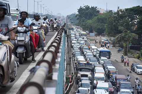 Traffic movement comes to a stand still on NH 16 and service roads due to VIP movement for swearing-in ceremony of CM in Bhubaneswar on Wednesday.