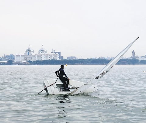 Sailors at Hussainsagar during the opening ceremony of Corps of EME Sailing Regatta in Hyderabad on Thursday