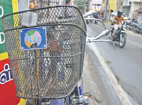 Free bicycles given by the government displayed at a cycle store in Chetty Street, Coimbatore