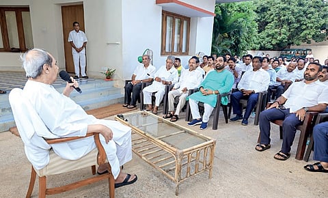 BJD supremo Naveen Patnaik addressing the party’s losing candidates