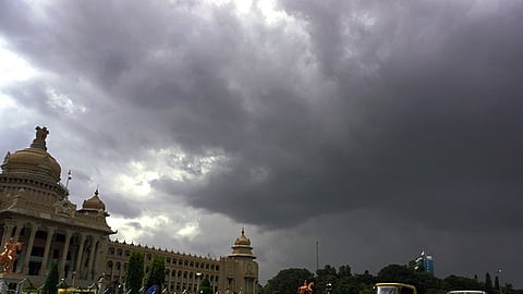 Dark Cloudy sky moody evening at Vidhana soudha in Bengaluru.
