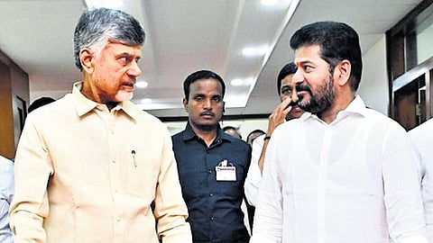 Telangana Chief Minister A Revanth Reddy with Andhra Pradesh Chief Minister Chandrababu Naidu at Praja Bhavan in Hyderabad on Saturday