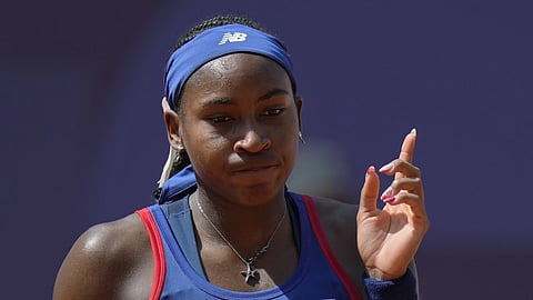 Coco Gauff of United States gestures as she plays against Donna Vekic of Croatia during their women's singles third round match at the Rolland Garros Stadium, at the Summer Olympics, Tuesday, July 30, 2024, in Paris, France.