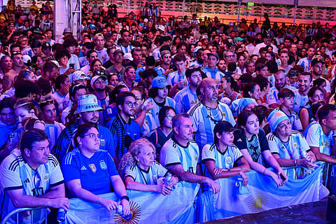 Argentine fans attend a watch party for the Conmebol 2024 Copa America tournament final football match between Argentina and Colombia, at the Miami Bandshell in Miami, Florida