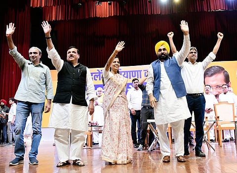 AAP leaders Sandeep Pathak, Sanjay Singh, Punjab Chief Minister Bhagwant Mann and Delhi Chief Minister Arvind Kejriwal's wife Sunita Kejriwal during the launch of the party's election manifesto for the Haryana Assembly polls.