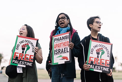 Pro-Palestinian supporters gather at a demonstration organized by the Palestine Solidarity Film Screenings ahead of the Durban FilmMart festival on July 19, 2024.