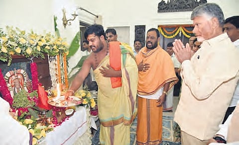 Chief Minister Nara Chandrababu Naidu performs puja at his official residence at 1 Janpath in New Delhi.