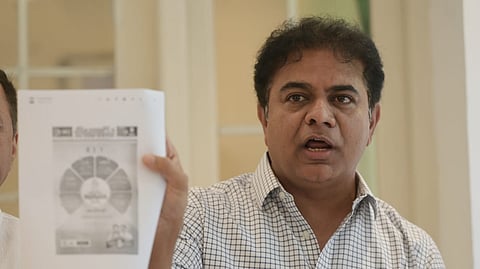 BRS working President KT Rama Rao address a press conference in New Delhi on Tuesday.