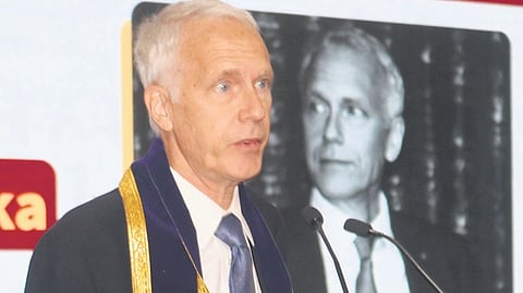 Nobel Laureate Dr Brian K Kobilka addressing the audience at IIT Madras convocation on Friday