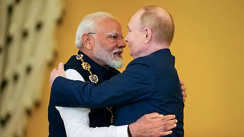 Russian President Vladimir Putin, right, awards Indian Prime Minister Narendra Modi with the Order of St. Andrew the Apostle the First-Called at the Kremlin in Moscow, Russia, Tuesday, July 9, 2024.
