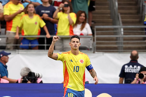 Colombia's midfielder James Rodriguez celebrates scoring his team's second goal from the penalty spot during the Conmebol 2024 Copa America tournament quarter-final football match between Colombia and Panama on July 6, 2024.
