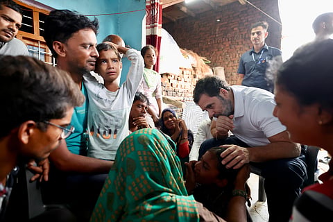 Congress leader Rahul Gandhi meets families of the victims of Hathras Stampede Tragedy
at Pilakhna, Aligarh.