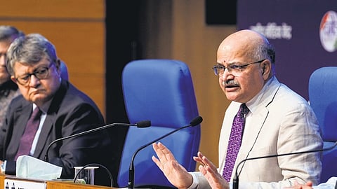 NITI Aayog CEO BVR Subrahmanyam addresses the media in New Delhi.