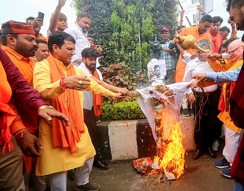 Members of Vishva Hindu Parishad and Bajrang Dal stage a protest against Congress leader Rahul Gandhi over his speech during a discussion on the Motion of Thanks to the President's address in the Lok Sabha, in Bhopal, Tuesday, July 2, 2024.