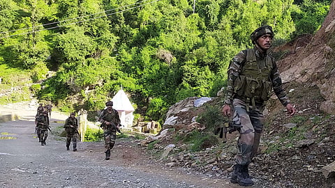 In this image from June 9, 2024, Indian Army personnel are seen during a counter-terror operation after terrorists ambushed an Army convoy in Kathua district.