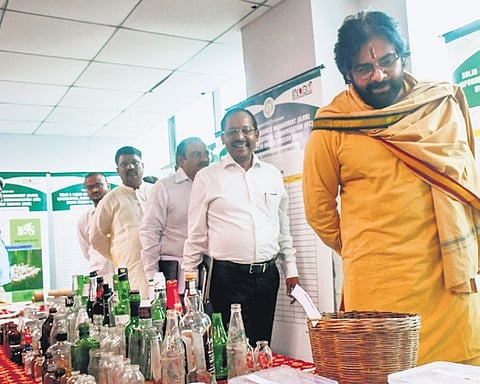 Dy CM Pawan Kalyan observing the segregated & degradable items at Tadepalli on Friday