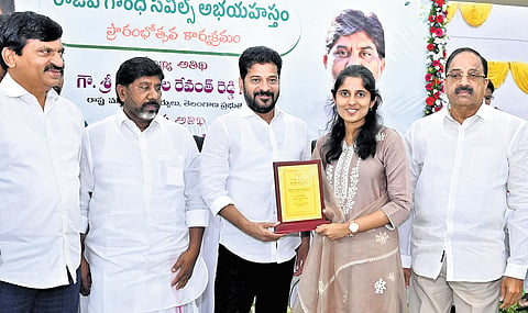 CM A Revanth Reddy, along with other ministers, congratulates Ananya Reddy, who secured AIR 3 in UPSC, at Praja Bhavan, Hyderabad on Saturday