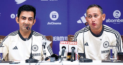 Indian men’s cricket team head coach Gautam Gambhir and BCCI Chief selector Ajit Agarkar during a press conference in Mumbai on Monday