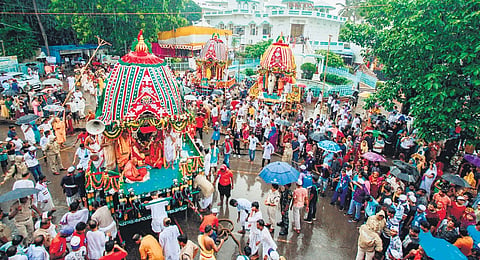 Devotees pulling a chariot at Iskcon temple in Bhubaneswar