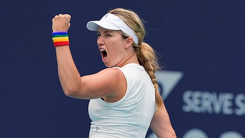 Danielle Collins reacts after winning a point against Caroline Garcia, of France, during the Miami Open tennis tournament, Wednesday, March 27, 2024, in Miami Gardens, Fla.