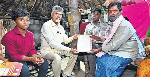 Chief Minister N Chandrababu Naidu handing over pension to the beneficiaries at Penumaka village in Guntur district on Monday