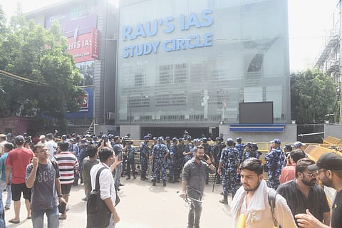 Visuals from Old Rajinder Nagar,where 3 students died in a coaching centre last Night, after it was waterlogged in basement of building.