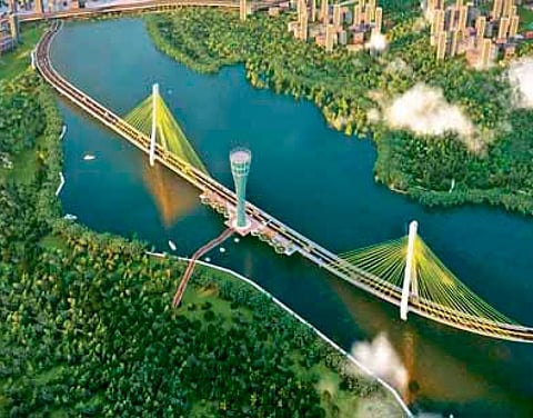 A computer-generated image of the proposed six-lane bridge across the Mir Alam Tank in Hyderabad