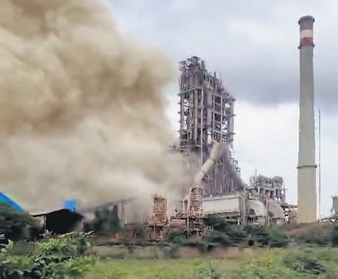Thick smoke emanating after the boiler unit exploded at UltraTech Cement factory in Jaggaiahapet mandal of NTR district on Sunday afternoon