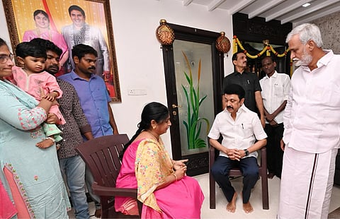 Tamil Nadu Chief Minister MK Stalin on Tuesday visited the residence of K Armstrong, BSP State president, who was hacked to death on Friday.