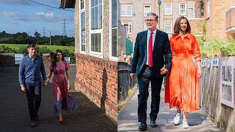 Prime MInister of the UK Rishi Sunak with his wife (L), Labour Party leader Keir Starmer with his wife (R) heading to the polling station to cast their votes in the crucial national elections on July 4, 2024.