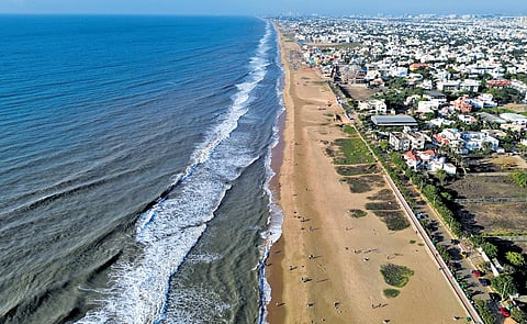 Aerial view of Elliot’s Beach in Chennai; beaches are livelihood spaces for fishermen and management plans must be prepared to incorporate their interests