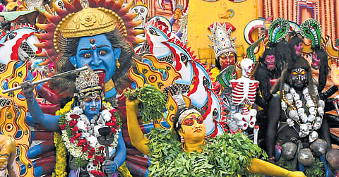 A Bonalu procession from the Akkanna Madanna temple in the Old City of Hyderabad on Monday