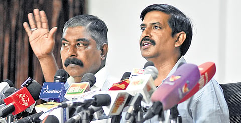 Arappor Iyakkam members addressing media in Chennai on Tuesday.
