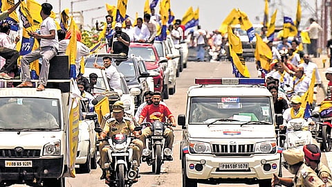 AAP candidate Mohinder Bhagat’s carcade after winning the bypoll from Jalandhar West constituency