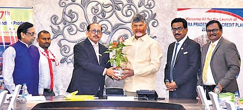 Chief Minister Nara Chandrababu Naidu chairing the SLBC meeting at the State Secretariat in Velagapudi on Tuesday