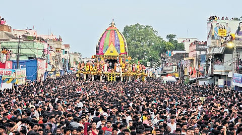 The congregation of devotees to pull the chariots in Baripada on Tuesday