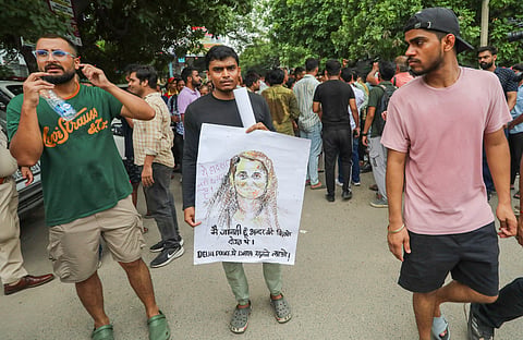 Students protest after three civil services aspirants died at a coaching centre due to drowning in Old Rajendra Nagar area, in New Delhi, Monday, July 29, 2024.