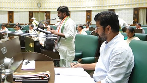 Deputy Chief Minister and Finance Minister Mallu Bhatti Vikramarka presenting the Budget.in Assembly.