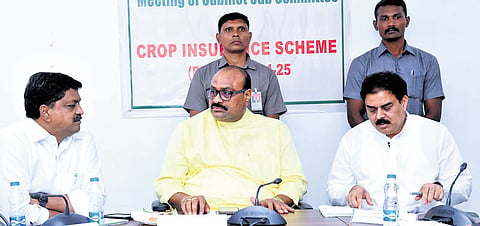 Agriculture Minister Atchannaidu, Civil Supplies Minister Nadendla Manohar and Finance Minister Payyavula Keshav during a review meet on Monday.