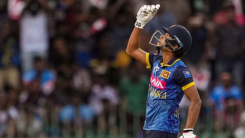 Sri Lanka's Dunith Wellalage celebrates his half century during the first ODI cricket match of the series between India and Sri Lanka, at R Premadasa International Stadium, in Colombo