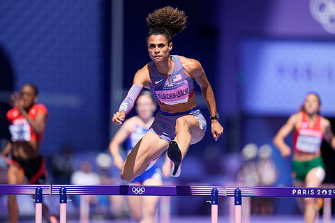 Sydney McLaughlin-Levrone, of the United States, competes in the women's 400-meter hurdles heat at the 2024 Summer Olympics, Sunday, Aug. 4, 2024, in Saint-Denis, France.