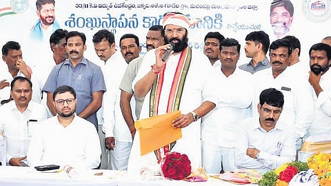 Irrigation Minister Uttam Kumar Reddy addresses the gathering after laying the foundation for a 33/11 KV power substation in Mattampally mandal on Monday