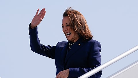 Vice President Kamala Harris waves to supporters