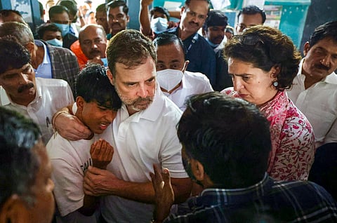 Leader of Opposition in the Lok Sabha Rahul Gandhi with AICC General Secretary Priyanka Gandhi Vadra visits a relief camp for people affected by the landslides, in Wayanad district, Thursday, Aug. 1, 2024.