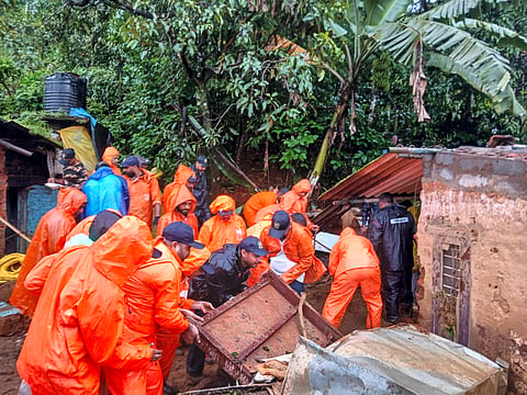 India Coast Guard Disaster Relief Team in coordination with Indian Army, Air force, Navy, NDRF and SDRF personnel carry out rescue operation after recent landslides triggered by rain, at Vellari Village in Wayanad district.