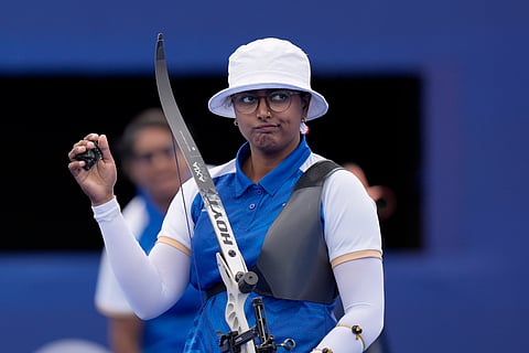 India's Deepika Kumari reacts after a shot during the archery individual quarterfinal against South Korea's Nam Su-hyeon at the 2024 Summer Olympics, Saturday, Aug. 3, 2024, in Paris, France.