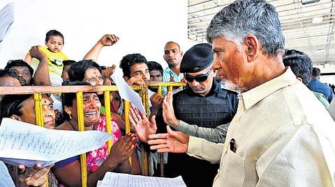 Chief Minister Nara Chandrababu Naidu receives representations from people at the TDP headquarters in Mangalagiri on Saturday