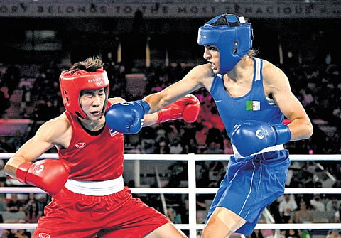Thailand’s Janjaem Suwannapheng and Algeria’s Imane Khelif (Blue) compete in the women’s 66kg semi-final boxing match during the Paris Olympic Games